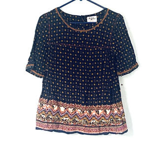Anthropologie Holding Horses Top 6 Medium Blue Boho Western Short Sleeves Swing